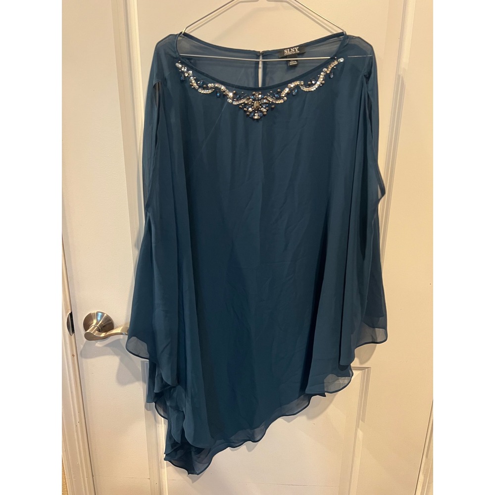 SLNY Womens Cape Top Beaded Neckline Teal Blue 18W